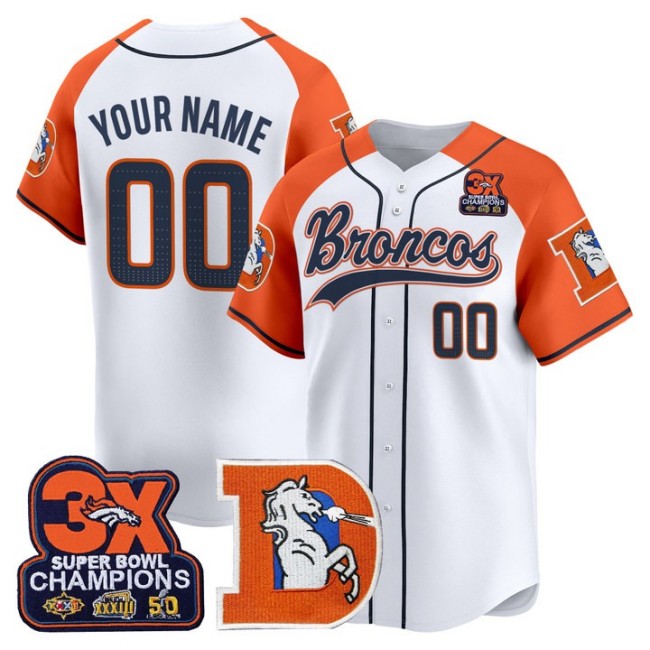 Nike Denver Broncos Custom 2025 Baseball Throwback 3X-SBC Patch Limited Stitched Jersey Orange Alternate