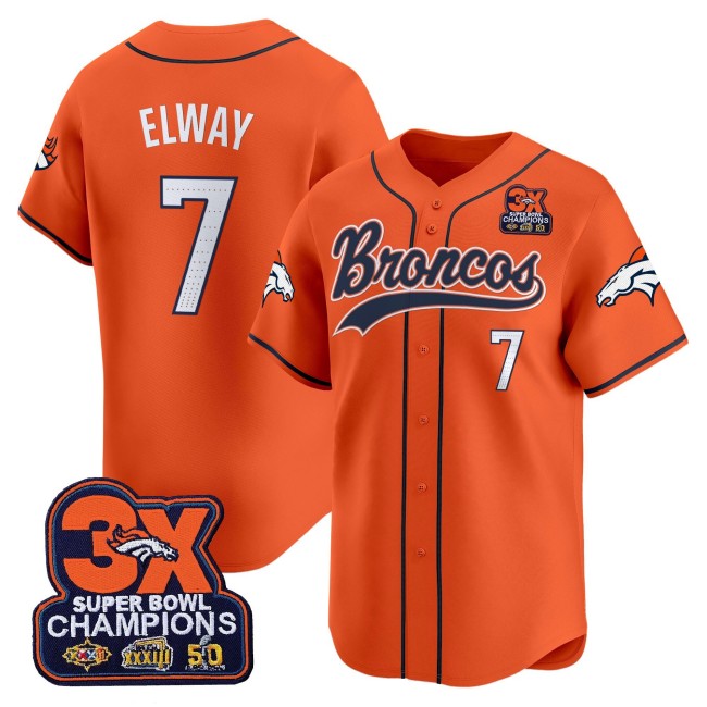 Men's Denver Broncos #7 John Elway Orange 2025 Baseball 3X-SBC Patch Nike Limited Stitched Jersey