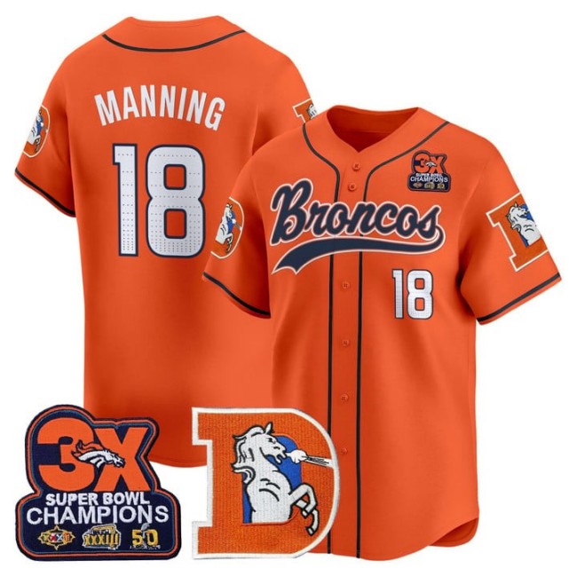 Men's Denver Broncos #18 Peyton Manning Throwback 3X-SBC Patch 2025 Nike Limited Stitched Baseball Jersey Orange