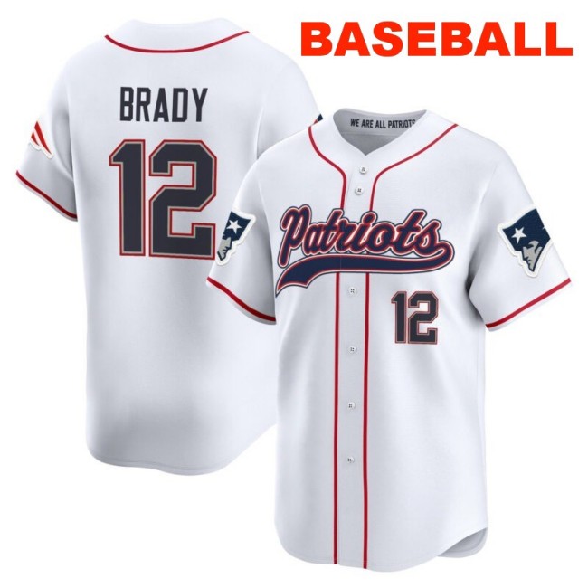 Men's New England Patriots #12 Tom Brady White 2025 Baseball Nike Limited Stitched Jersey