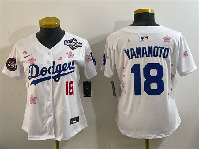 Youth Los Angeles Dodgers #18 Yoshinobu Yamamoto White 2025 World Series Patch Tokyo Series Limited Stitched Baseball Jersey