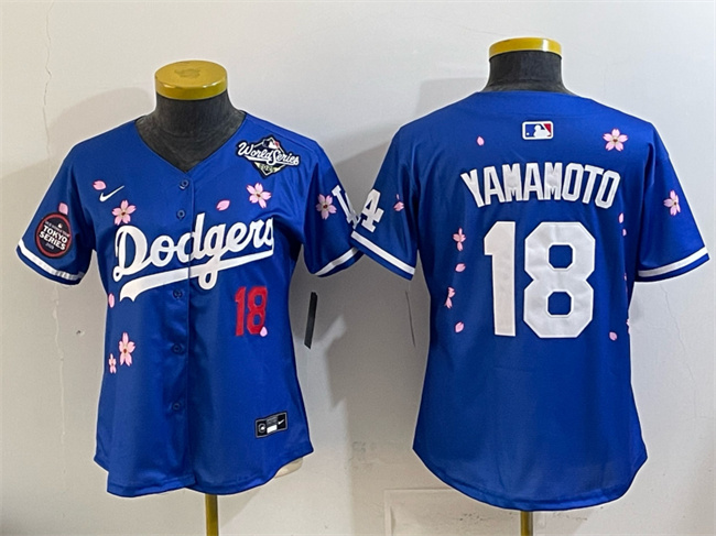 Youth Los Angeles Dodgers #18 Yoshinobu Yamamoto Royal 2025 World Series Patch Tokyo Series Limited Stitched Baseball Jersey