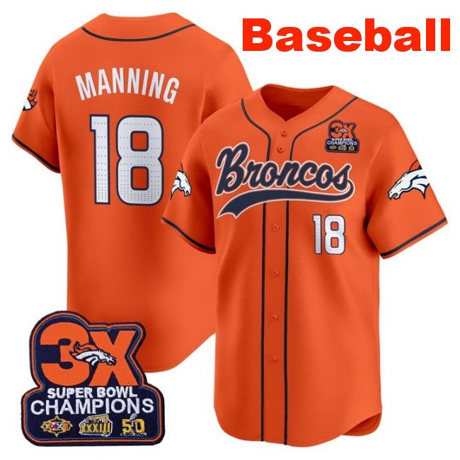 Men's Denver Broncos #18 Orange 2025 Baseball 3X-SBC Patch Nike Limited Stitched Jersey