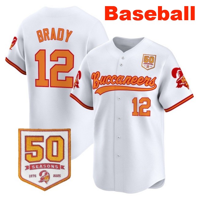 Men's Tampa Bay Buccaneers #12 Tom Brady Baseball Throwback Nike Limited Stitched Jersey With 50th Season Patch White