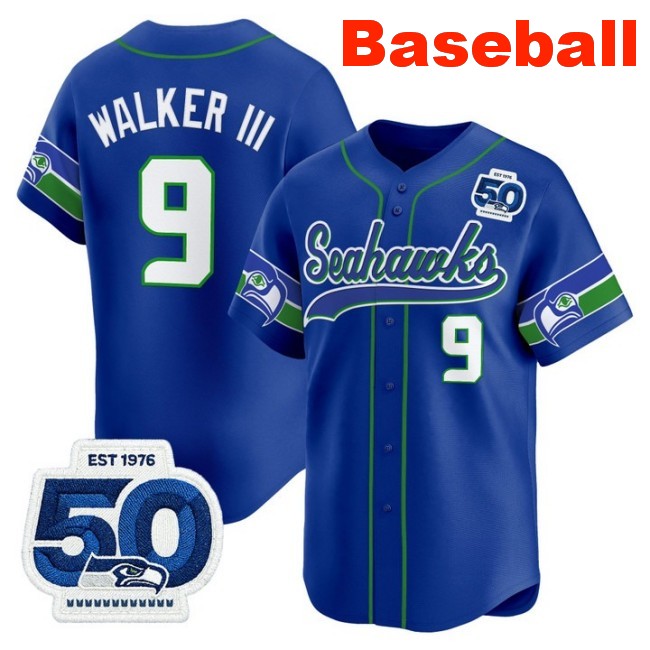 Men's Seattle Seahawks #9 Kenneth Walker III Baseball Royal Throwback Nike Limited Stitched Jersey 50th Anniversary Patch
