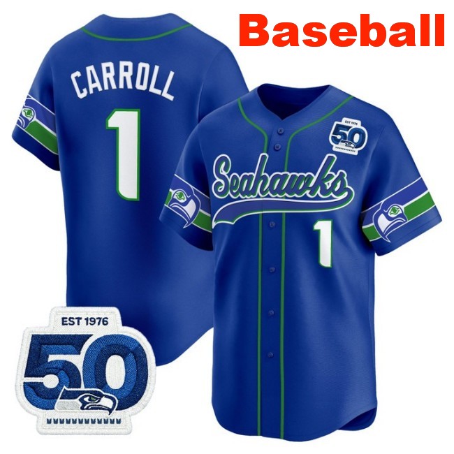 Men's Seattle Seahawks #1 Pete Carroll Baseball Royal Throwback Nike Limited Stitched Jersey 50th Anniversary Patch
