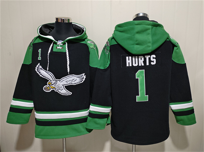 Men's Philadelphia Eagles #1 Jalen Hurts Black Ageless Must-Have Lace-Up Pullover Hoodie