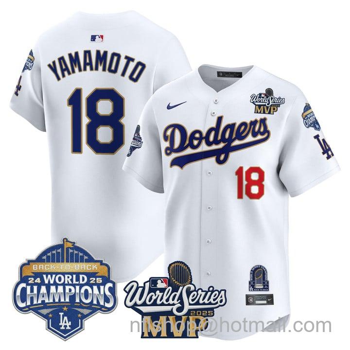 Men's Dodgers #18 Yoshinobu Yamamoto 2025 World Series Champions MVP Patch White Stitched Jerseys Gold White
