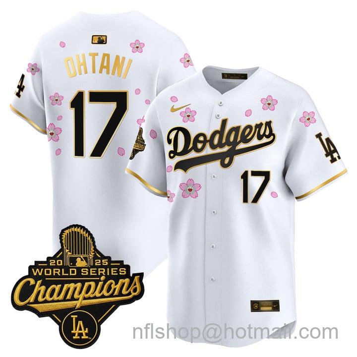 Men's Dodgers #17 Shohei Ohtani 2025 World Series Champions x Tokyo Series Gold Trim Vapor Premier Limited Stitched Jersey White