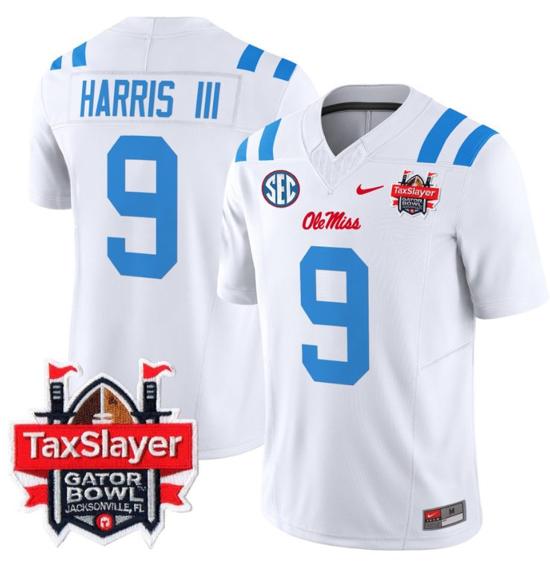 Men's Nike Stitched Tre Harris Jersey #9 Ole Miss Rebels 2024 Gator Bowl Patch FUSE Limited Football V2 2024 White