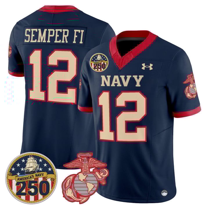 Men's Navy Midshipmen #12 Semper Fi Vapor USMC Premier Stitched football Jersey with 250th Anniversary Patch Navy