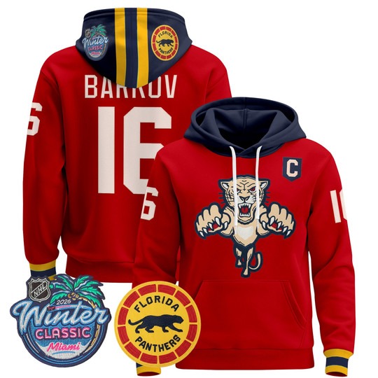 Men's Florida Panthers #16 Aleksander Barkov Red 2026 Winter Classic Premium Stitched Pullover Hoodie