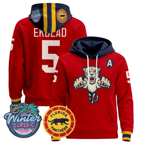 Men's Florida Panthers #5 Aaron Ekblad Red 2026 Winter Classic Premium Stitched Pullover Hoodie