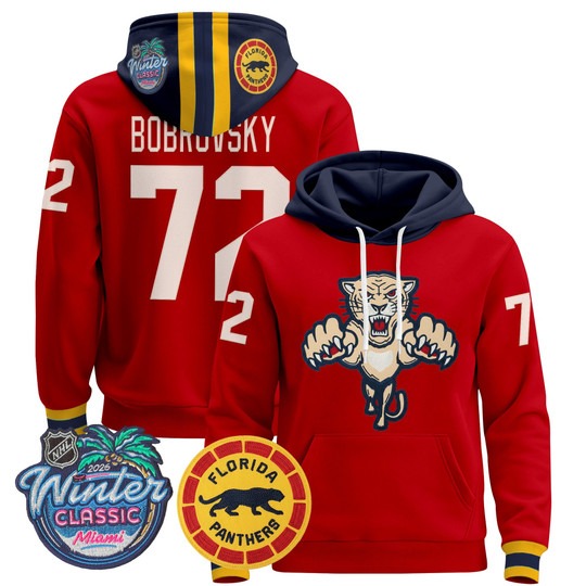 Men's Florida Panthers #72 Sergei Bobrovsky Red 2026 Winter Classic Premium Stitched Pullover Hoodie