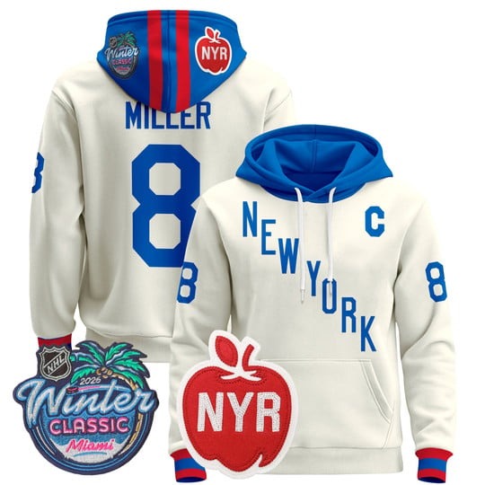 Men's New York Rangers #8 J.T. Miller Beige 2026 Winter Classic Premium Stitched Pullover Hoodie