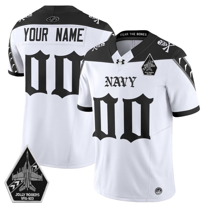 Men's Navy Midshipmen 'Jolly Rogers Gothic Squadron Edition' Vapor Limited Custom Stitched Jersey White