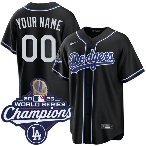 Men's Los Angeles Dodgers Custom Nike Black Lights Out 2025 World Series Champions Jersey