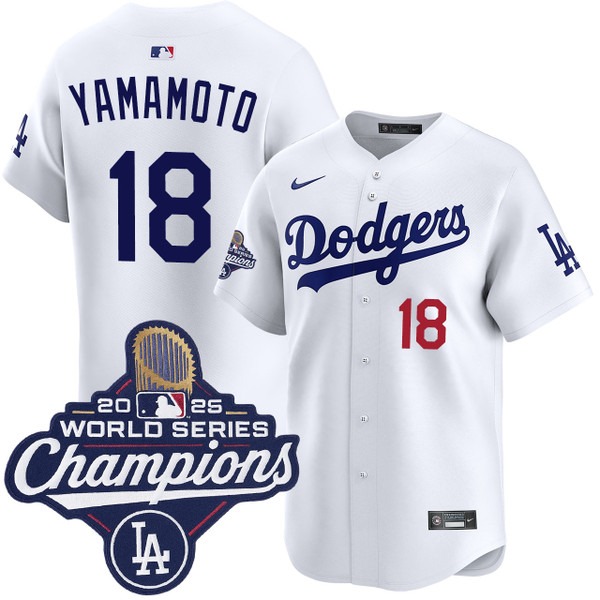 Men's Los Angeles Dodgers #18 Yoshinobu Yamamoto Home Limited 2025 World Series Champions Nike Jersey White