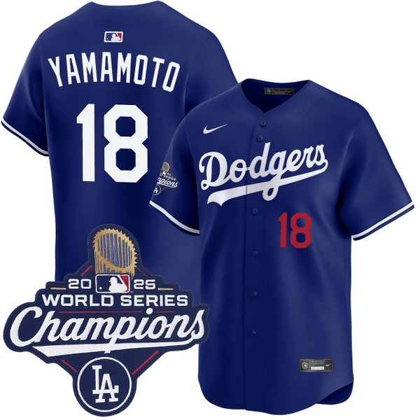 Men's Los Angeles Dodgers #18 Yoshinobu Yamamoto Alternate Royal Limited 2025 World Series Champions Jersey