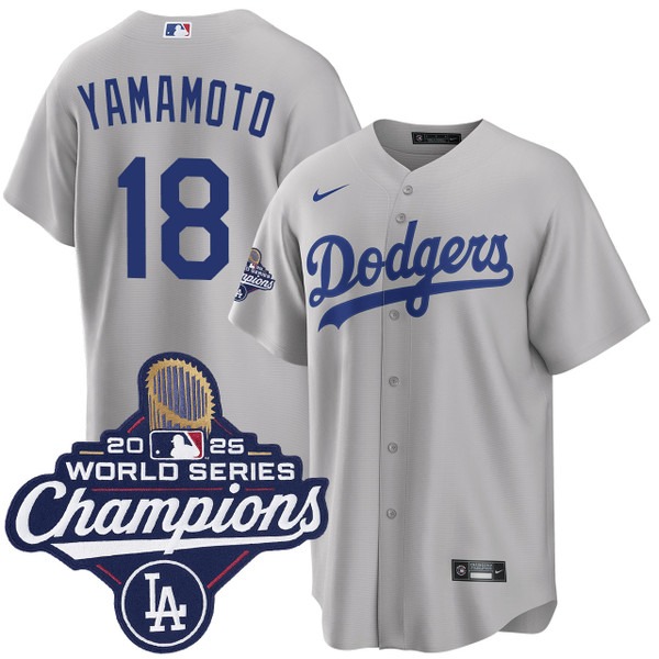 Men's Los Angeles Dodgers #18 Yoshinobu Yamamoto Alternate 2025 Road World Series Champions Jersey Grey