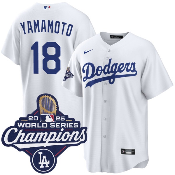 Men's Los Angeles Dodgers #18 Yoshinobu Yamamoto Home 2025 World Series Champions Nike Jersey White