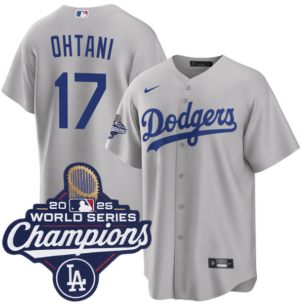 Men's Los Angeles Dodgers #17 Shohei Ohtani Alternate 2025 Road World Series Champions Jersey Grey