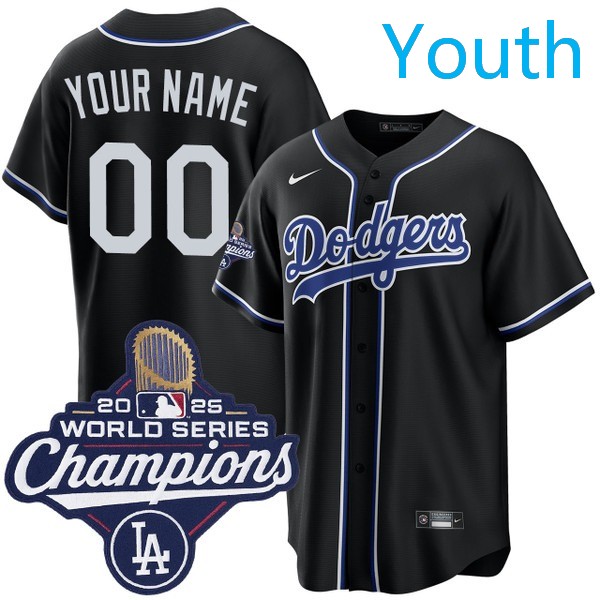 Youth Los Angeles Dodgers Custom Nike Black Lights Out 2025 World Series Champions Jersey