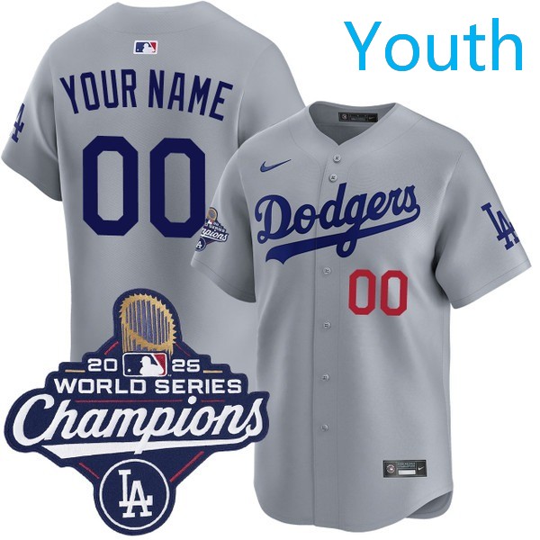 Youth Los Angeles Dodgers Custom Nike Alternate Road Limited 2025 World Series Champions Jersey Gray