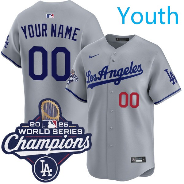Youth Los Angeles Dodgers Custom Nike Road Limited 2025 World Series Champions Jersey Gray