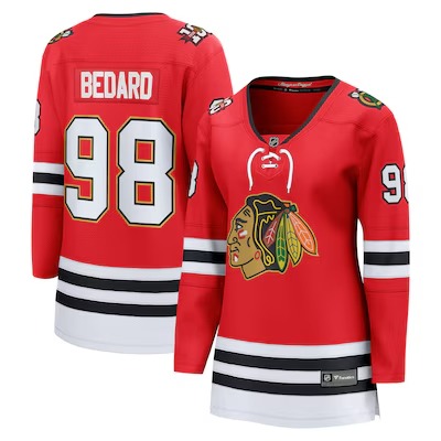 Women's Chicago Blackhawks #98 Connor Bedard Red Centennial 2025 Stitched Hockey Jersey