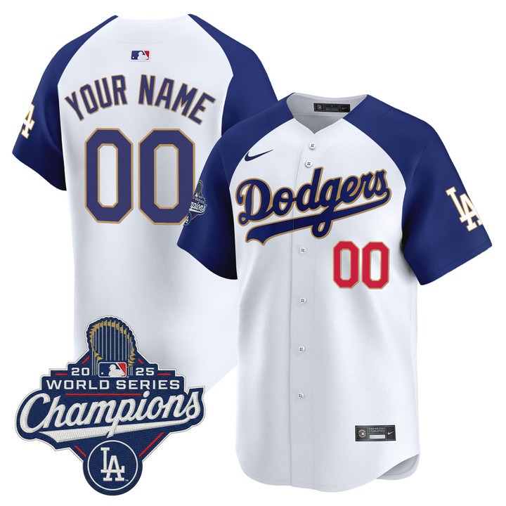 Men's Dodgers Custom White Royal 'Gold Trim' 2025 World Series Champions Nike Limited Stitched Jersey
