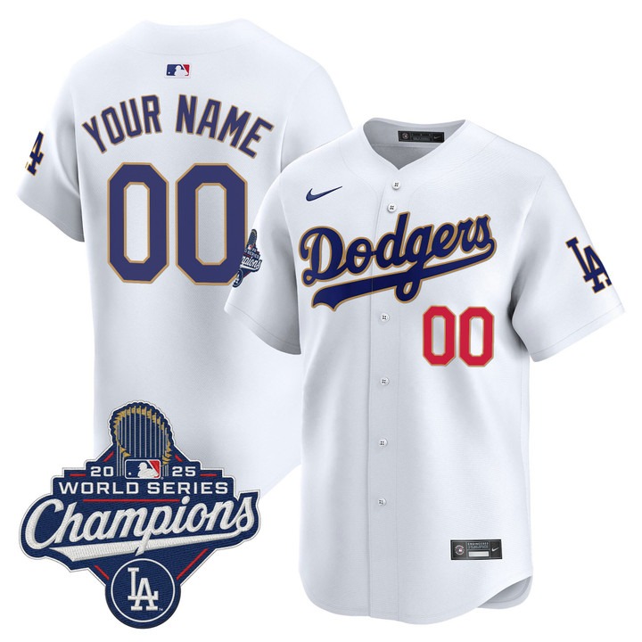 Men's Dodgers Custom White 'Gold Trim' 2025 World Series Champions Nike Limited Stitched Jersey