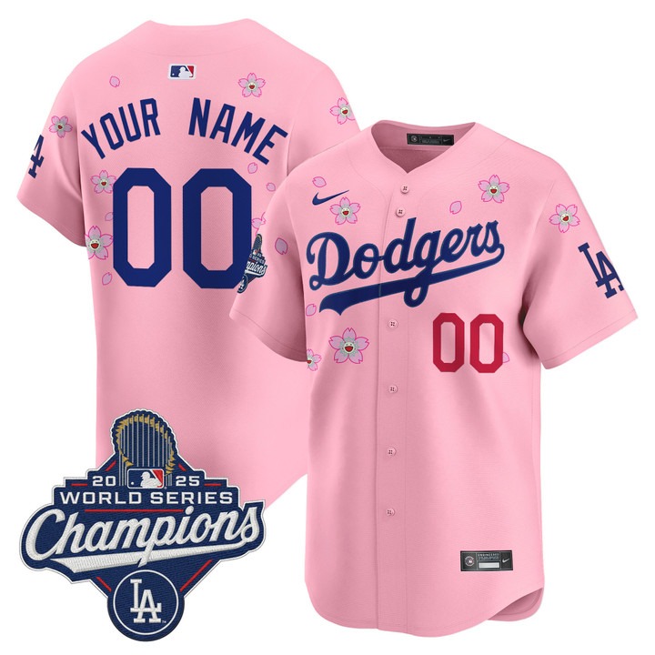 Men's Dodgers Custom 2025 World Series Champions x Tokyo Series Nike Limited Stitched Jersey Cherry Blossom