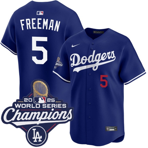 Men's Los Angeles Dodgers #5 Freddie Freeman Alternate Royal Limited 2025 World Series Champions Jersey