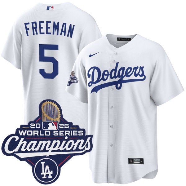 Men's Los Angeles Dodgers #5 Freddie Freeman Home 2025 World Series Champions Jersey White