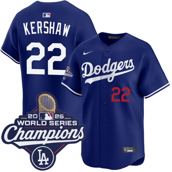 Men's Los Angeles Dodgers #22 Clayton Kershaw Alternate Royal Limited 2025 World Series Champions Jersey