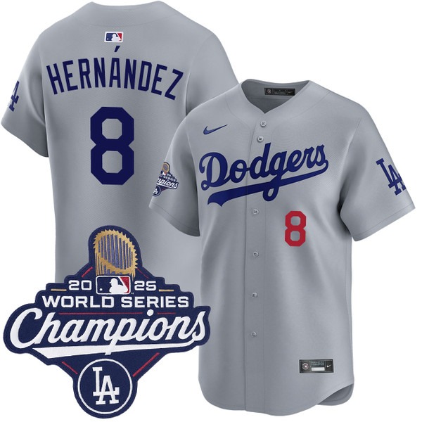 Men's Los Angeles Dodgers #8 Enrique Hernandez Alternate Road Limited 2025 World Series Champions Jersey Grey