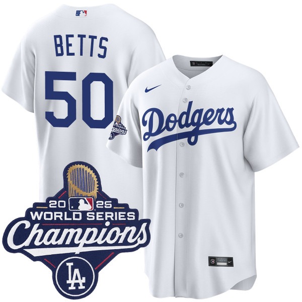 Youth Los Angeles Dodgers #50 Mookie Betts Home 2025 World Series Champions Jersey White