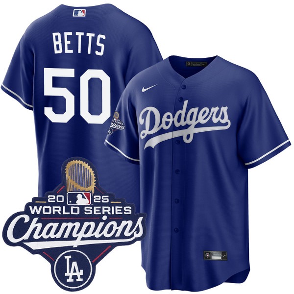 Men's Los Angeles Dodgers #50 Mookie Betts Royal 2025 Alternate World Series Champions Jersey