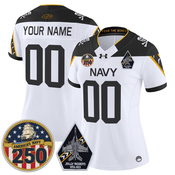 Women's Navy Midshipmen Custom 'Jolly Rogers Edition' 250th Anniversary Patch Vapor Limited Stitched Jersey White