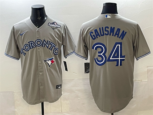Men's Toronto Blue Jays #34 Kevin Gausman Grey 2025 World Series Cool Base Stitched Baseball Jersey