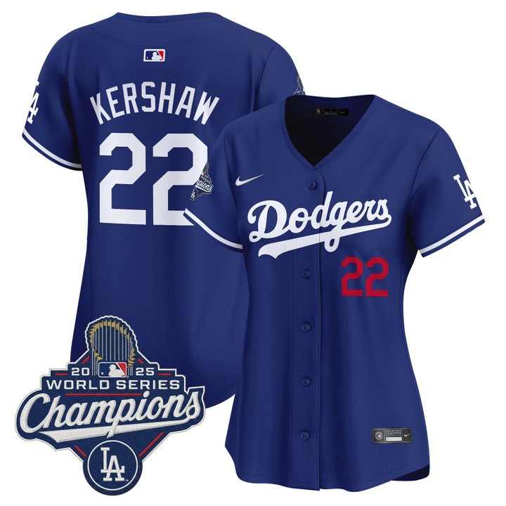 Women's Dodgers #22 Clayton Kershaw 2025 World Series Champions Nike Limited Jersey Royal