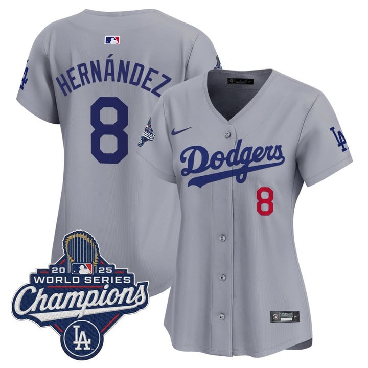 Women's Dodgers #8 Kike Hernandez 2025 World Series Champions Nike Limited Jersey Grey
