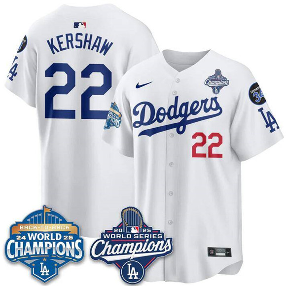 Men's Los Angeles Dodgers #22 Clayton Kershaw White 2025 World Series Champions & Back to Back Champions With No.34 Patch Limited Stitched Baseball Jersey
