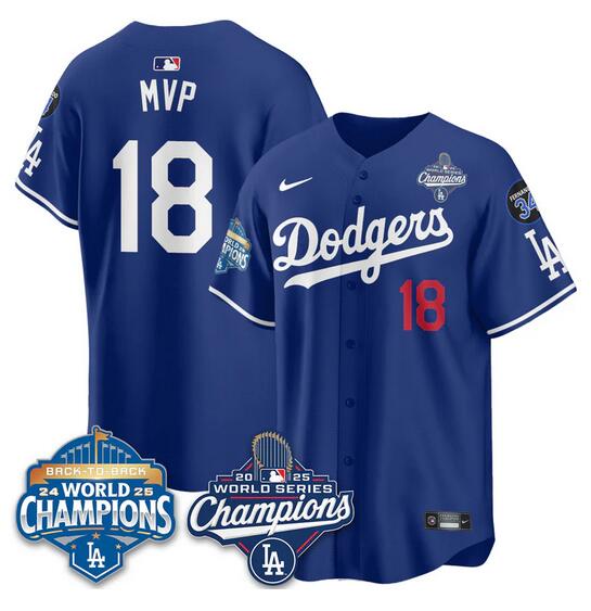 Men's Los Angeles Dodgers #18 Yoshinobu Yamamoto Royal 2025 World Series Champions & Back to Back Champions With No.34 Patch Limited Stitched Baseball Jersey