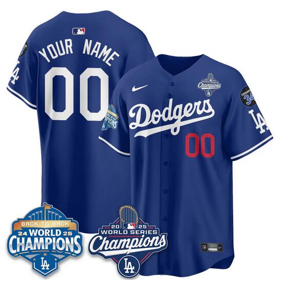 Men's Los Angeles Dodgers Custom Royal 2025 World Series Champions & Back to Back Champions With No.34 Patch Limited Stitched Baseball Jersey
