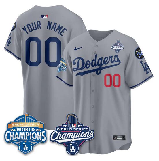 Men's Los Angeles Dodgers Custom Grey 2025 World Series Champions & Back to Back Champions With No.34 Patch Limited Stitched Baseball Jersey