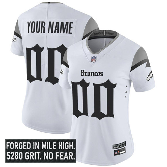 Women's Denver Broncos Custom White 2025 F.U.S.E. With 1-Star C Patch 'Gothic Mile High Shadows Edition' Vapor Limited Stitched Football Jersey(Run Small)