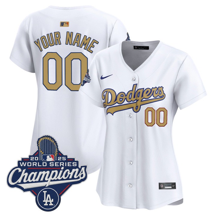 Women's LA Dodgers Custom 2025 World Series Champions Gold Nike Limited Stitched MLB Jersey White