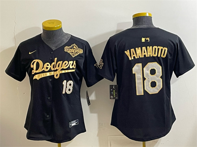 Women's Los Angeles Dodgers #18 Yoshinobu Yamamoto Black Gold 2025 World Series Patch Limited Stitched Baseball Jersey(Run Small)